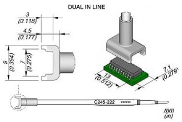 Das Bild zeigt eine technische Zeichnung eines Dual-In-Line-Bauteils mit Maßen. Es umfasst einen Stecker, der auf einer Leiterplatte sitzt, und ist in zwei Ansichten dargestellt.