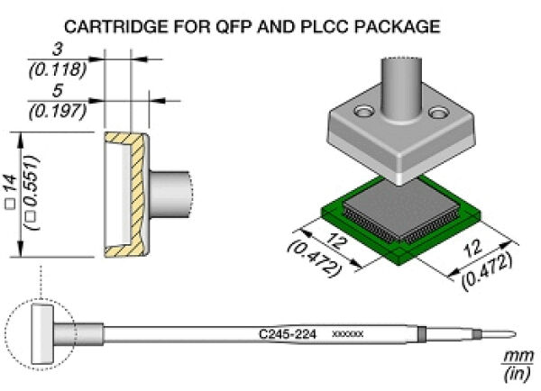 Das Bild zeigt eine technische Zeichnung eines Kartuschensystems für QFP- und PLCC-Pakete, mit Maßen und einer Seitenansicht. Ein Draht verbindet die Kartusche mit einer Steuerfläche.