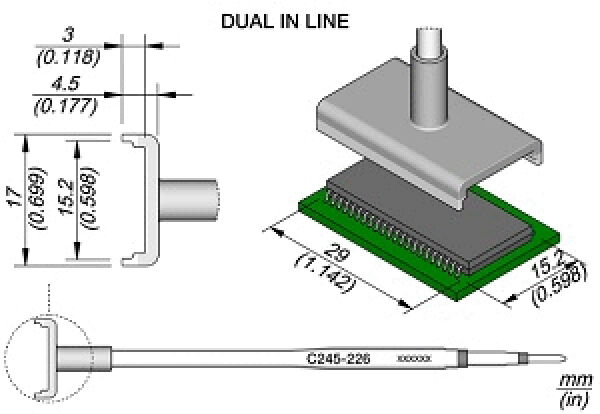 Das Bild zeigt eine technische Zeichnung eines Bauteils mit verschiedenen Maßen. Oben ist ein Gehäuse zu sehen, das auf einem grünen PCB sitzt, und darunter befindet sich ein an Kabeln angeschlossenes Tool.