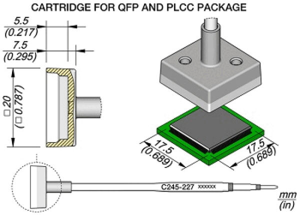 Das Bild zeigt eine technische Zeichnung eines Cartridges für QFP- und PLCC-Pakete. Es sind Maße sowie die Form des Geräts dargestellt. Ein Stich zeigt den Anschluss und die Abmessungen an.