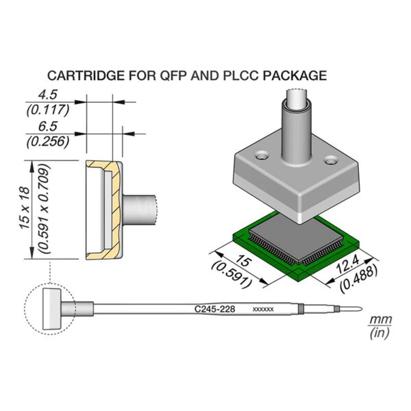 The image displays a technical drawing of a container for QFP and PLCC packages. It includes dimensions in millimeters and inches, as well as a schematic connection.