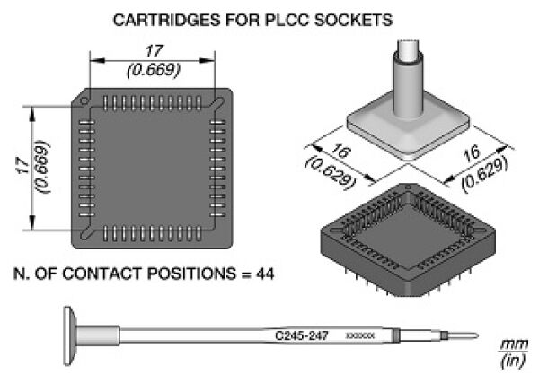 The image displays technical drawings of PLCC sockets. The top shows dimensions and a square component with 44 contact points. An additional cable is also illustrated.