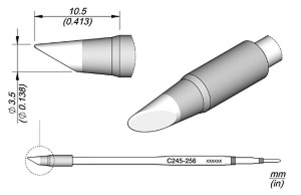 The image displays a technical diagram of a pen with a conical tip. Dimensions are provided: diameter and length measurements in millimeters. The view is shown from both the front and the side.