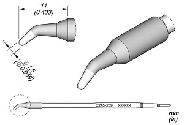 The image shows a technical drawing of a precise tool with a long, narrow handle and a targeted, curved tip. Dimensions are indicated.