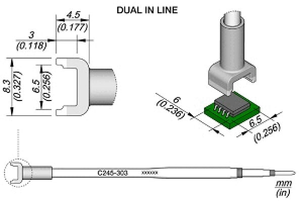 Das Bild zeigt technische Zeichnungen eines Bauteils namens "Dual In Line". Es enthält Maße und Ansichten, die einen zylindrischen Stecker mit einer plattenförmigen Basis darstellen.