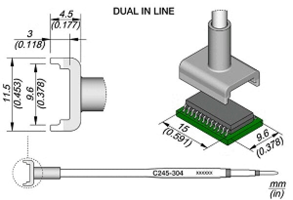 The image displays technical drawings of a component with various views and dimensions. It features a dual-in-line package with a connector and a chip on a circuit board.