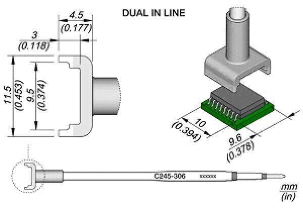 The image shows technical drawings of a "Dual In Line" component. It includes dimensions and representations of pins as well as a chip mounted on a green circuit board.