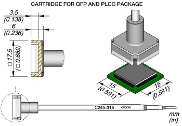 Das Bild zeigt technische Zeichnungen einer Cartridge für QFP- und PLCC-Pakete. Es enthält Maße und Details zu einer quadratischen Basis mit einer darauf sitzenden Struktur und einem dünnen Kabel.