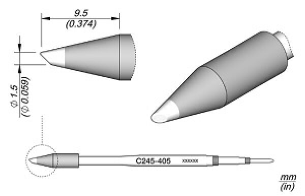 The image shows a technical drawing of a pen. It has a conical shape with a pointed, white tip. Dimensions such as diameter and length are provided.