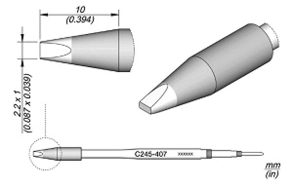 Das Bild zeigt eine technische Zeichnung eines Stifts. Er hat eine spitze, konische Form und eine beschriftete Fläche mit Maßen, die Längen und Durchmesser angeben.