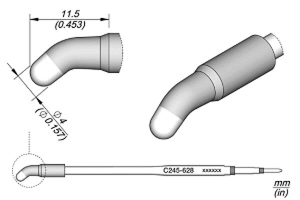 The image shows a technical component with a curved end, which has a cylindrical shape. There are dimensions and a side view of the object. The structure appears smooth and symmetrical.