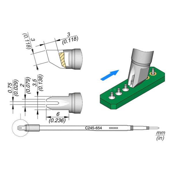 The image displays technical drawings of a component. At the top, dimensions and sketches of a head are shown. Below, a wire leads to a circuit board with contact points.