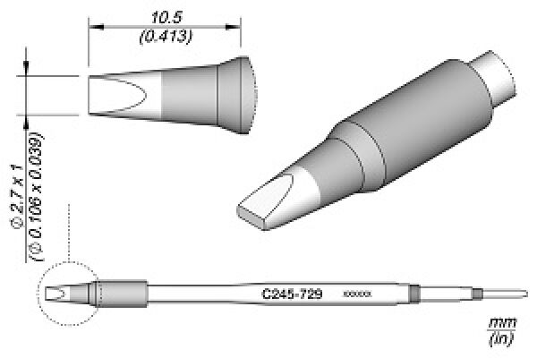 Das Bild zeigt eine technische Zeichnung eines Stifts mit einer spitzen Kappe. Angaben zu Abmessungen sind in Millimetern angegeben. Der Stift hat eine schmale, längliche Form.