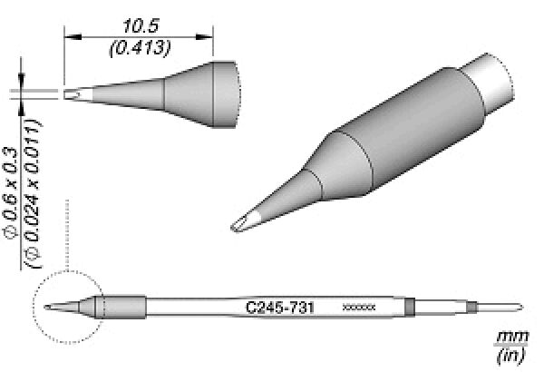 Das Bild zeigt eine technische Zeichnung eines Stifts. Er hat eine spitze Mine, einen schlanken Körper und eine Kappe. Maße sind in Millimetern angegeben.