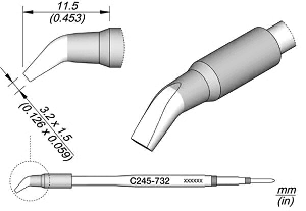 The image displays technical drawings of a thin, diagonally cut tool with a cylindrical handle. Dimensions are provided to clarify the size and shape.