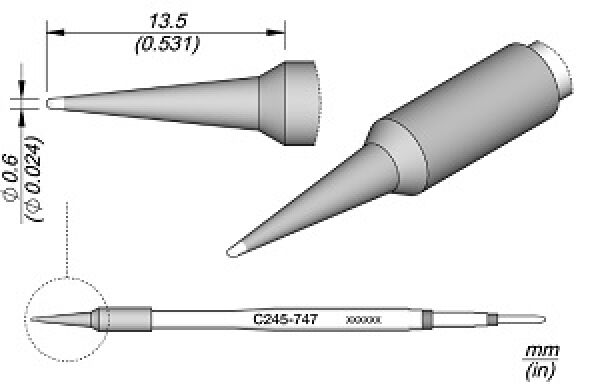 Das Bild zeigt eine technische Zeichnung eines spitzen Objekts mit zylindrischem Körper und einer schmalen Spitze. Es enthält Maßangaben und eine Draufsicht.