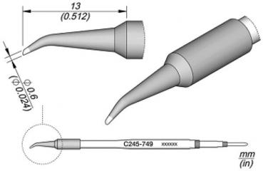 The image shows a technical drawing of a slender, conical tool with a long, thin handle and a pointed working surface. Dimensions are indicated.