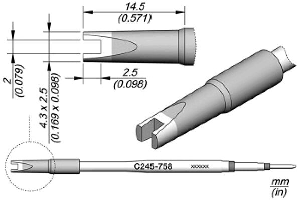 The image displays technical drawings of a component. It has a cylindrical shape with an elongated, slotted opening at one end. Dimensions are provided, including lengths and diameters.