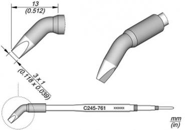 The image displays technical drawings of a device with a curved end that has a tip. Dimensions are provided in millimeters and inches to clarify the size and shape.