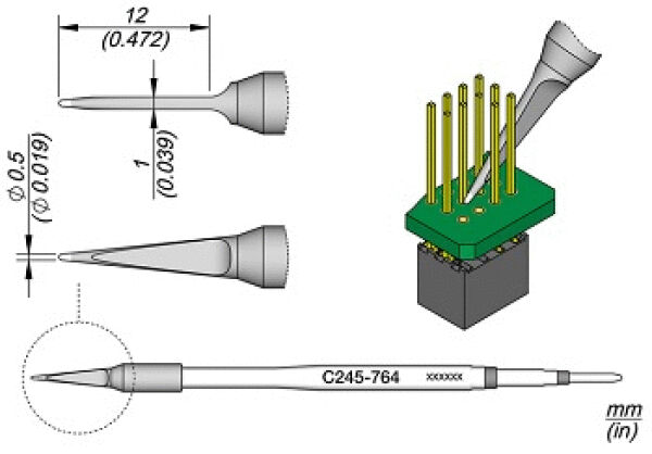 The image displays technical drawings of a tip. It consists of two views: one from the top and one from the side. Additionally, a circuit board with several pins is depicted. Dimensions are provided.