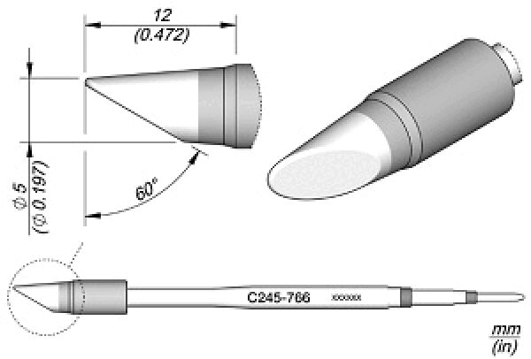 The image displays technical drawings of a conical object with a tip. Dimensions are provided, including diameter and angle. There is a side view and a top view.