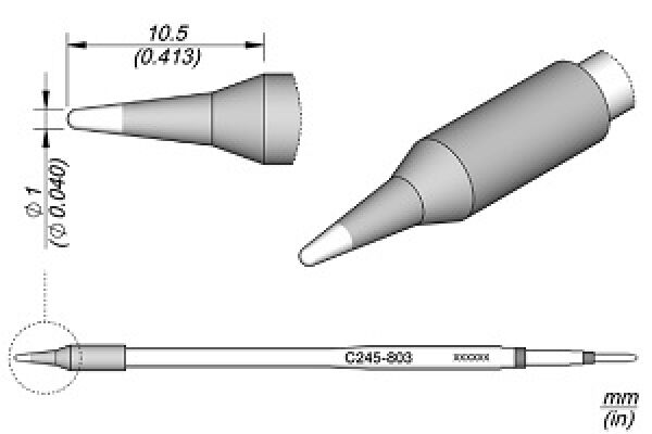 Das Bild zeigt eine technische Zeichnung eines Stiftes mit spitzem Ende. Er hat eine zylindrische Form, mit einer Beschreibung der Maße und Details, die die Größe und Form verdeutlichen.