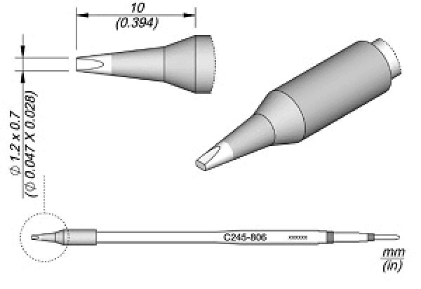 Das Bild zeigt eine technische Zeichnung eines Markierstifts. Oben sind die Spitzenansicht und die Seitenansicht abgebildet, mit Maßangaben. Unten ist die Länge des Stifts zu sehen.