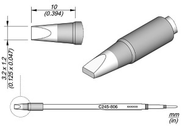 The image displays a technical drawing of a tool attachment. The top shows the front view and the top view, the middle features the entire attachment, and the bottom provides a detailed view of the tip. Dimensions are provided.