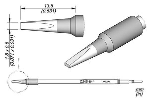 The image displays a technical drawing of a tool with three viewing perspectives: front, side, and top view. It features a slender shape and ends with a pointed tip. Dimensions are included.