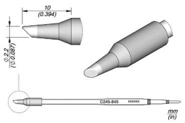 The image shows a technical drawing of a pen with a conical tip. Dimensions are given in millimeters. The pen has a round, ergonomic body and a fine, pointed writing lead.