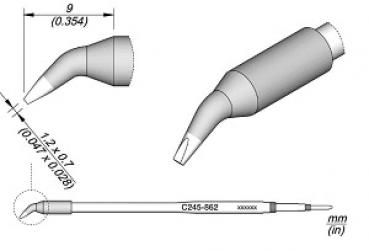 The image displays technical drawings of a special tool. It features a curved handle and a pointed, narrow working surface. Dimensions are provided in millimeters.