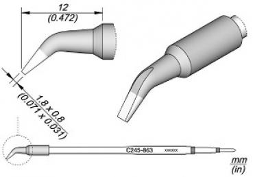 The image shows technical drawings of a tool attachment with a curved end. It includes dimensions in mm and inches as well as a side and a top view.