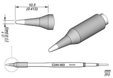 The image displays technical drawings of a thin pen. It has a sharp, conical shape and a body that widens at one end. The dimensions are provided.