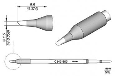 The image displays a technical drawing of a tool with a sharp, conical tip. Dimensions and details are provided on the drawing that explain the shape and size of the tool.