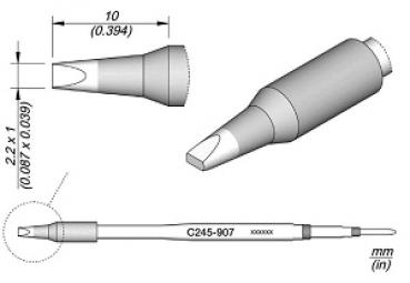 The image displays a technical drawing of a pen or tip with a conical end. It includes measurements and a side view that depict the shape and dimensions.