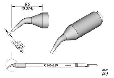 The image displays a technical drawing of a precise, narrow tool with a conical tip. The body is long and cylindrical, with measurements in millimeters and inches.