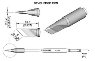 The image displays various views of a sharp, angled tip. There are measurements for the length and diameter, as well as a detailed representation of the shape.