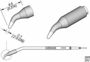 The image displays technical drawings of a narrow, curved tool with a pointed end. It includes measurements in mm and inches and describes the shape and dimensions of the tool.