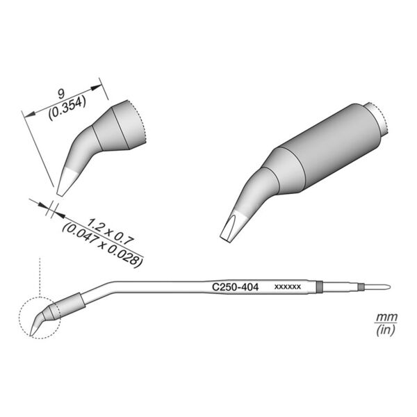 The image displays technical drawings of a nozzle-shaped attachment with various views. The attachment has a narrow opening and is marked with dimensions in millimeters.