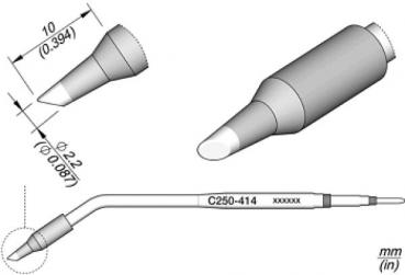 The image shows a technical drawing of a sharp tool with an ergonomically shaped handle. It features dimensions and a curved shape that ensures precision.