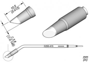 The image shows a technical drawing of a pen-like object with a pointed tip. Dimensions are provided in millimeters, and the drawing includes front and side views.