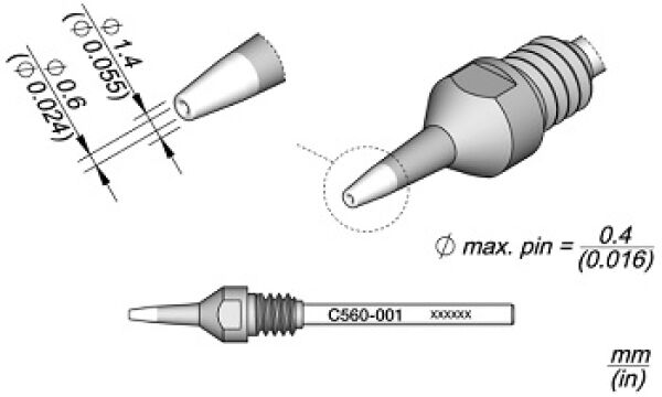 The image displays a technical drawing of a nozzle element. It consists of a cylindrical body with a narrow, pointed end and includes measurements of diameters and a part number.