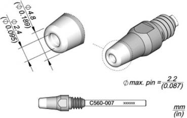 Das Bild zeigt technische Zeichnungen eines mechanischen Teils, das an einer Seite rund und an der anderen gewinde-förmig ist. Maße werden in Millimetern angegeben.