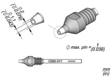 Das Bild zeigt eine technische Zeichnung eines Bauteils, das eine spitze, konische Form hat. An einem Ende sind Maße angeführt, und es sind zwei Ansichten dargestellt: eine seitliche und eine Draufsicht.