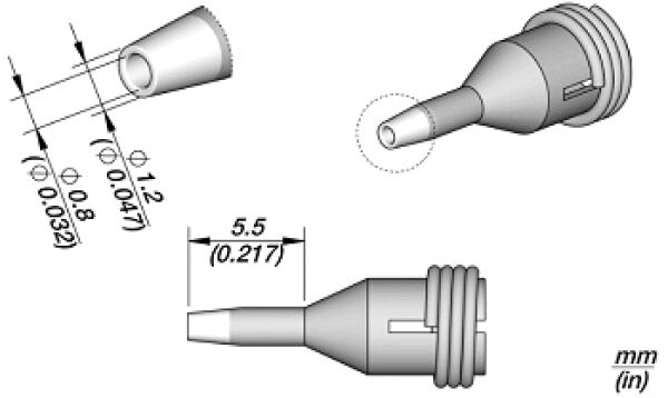 Das Bild zeigt eine technische Zeichnung eines Konnektors. Er hat eine spitze Form, mit verschiedenen Ansichten und Maßen. Die Darstellung umfasst auch Details wie Durchmesser und Gewinde.