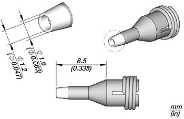 The image displays technical drawings of a connector from various perspectives. Dimensions are provided, including diameter and length in millimeters and inches.