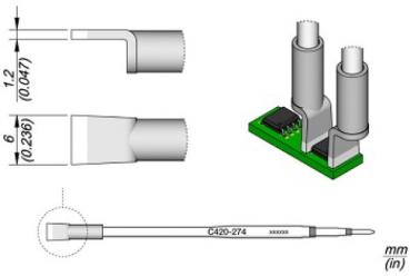 The image displays technical drawings of a component. It includes front views and dimensions of a flat connector, as well as a PCB with two vertical contacts. Dimensions are provided.