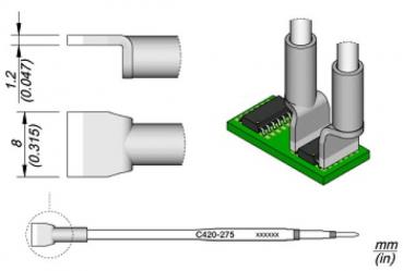 The image displays a technical drawing of an electronic component. There is a green PCB with two vertical connectors and a length specification with various dimensions.