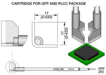 Das Bild zeigt eine technische Zeichnung eines Cartridges für QFP- und PLCC-Pakete. Es enthält Maßen und Detailansichten einer speziellen Halterung und Anschlusskabels.