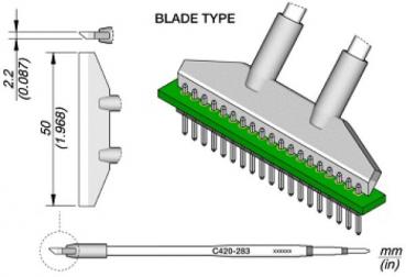 The image displays a technical drawing of a component. At the top, there is a flat, rectangular chip with two terminals and an assembly consisting of many small pins. At one end, a detailed view of a pin is shown.